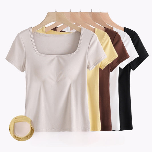 Braless Short-Sleeve Ribbed Top with Built-In Bra Pads