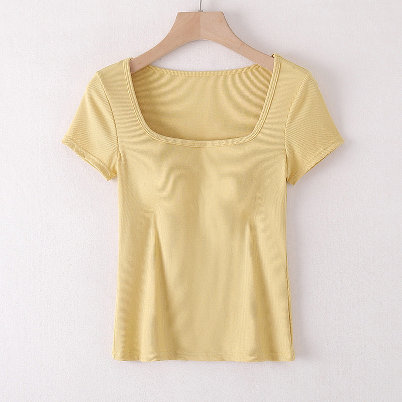 Braless Short-Sleeve Ribbed Top with Built-In Bra Pads